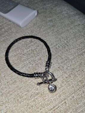 925 sterling Diamonique black leather toggle bracelet (double sided charm)